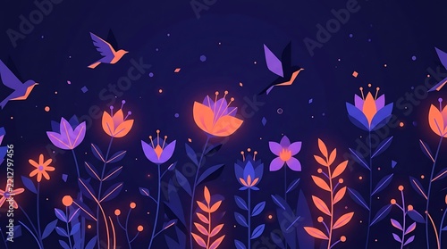 Magical Night Garden Illustration with Glowing Purple and Orange Flowers and Flying Birds Flat Style