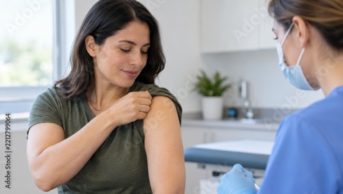 Woman preparing upper arm for vaccination while healthcare worker in mask and gloves administers injection in bright modern medical clinic interior