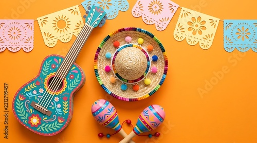 Mexican Fiesta Celebration Concept with Traditional Sombrero, Guitar, Maracas and Papel Picado Banner