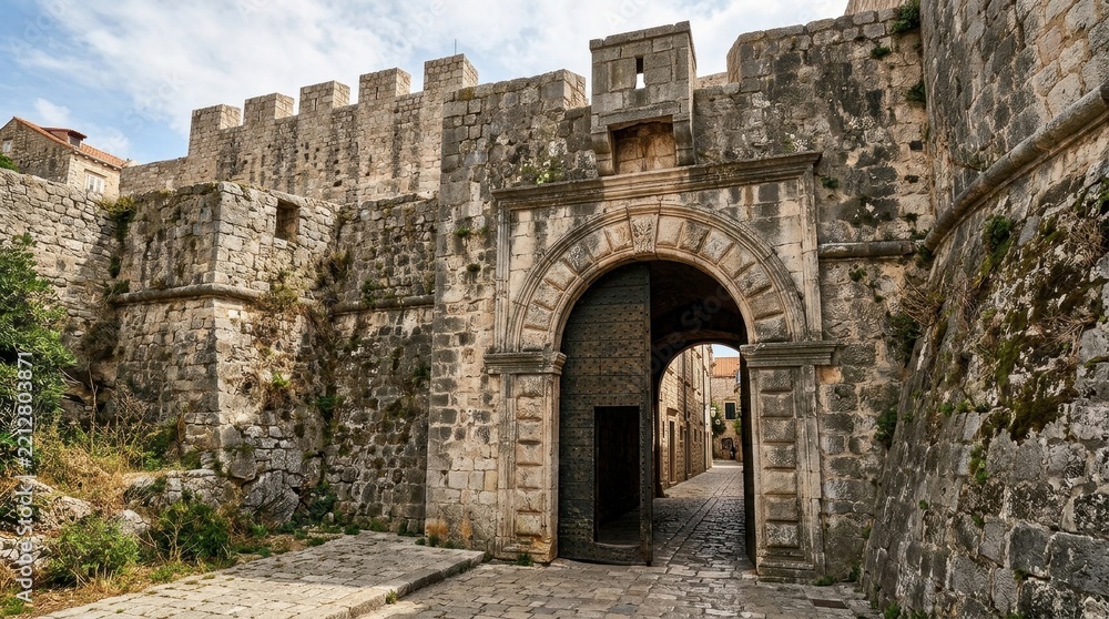 Obraz premium massive ancient arched stone entrance in an old city wall