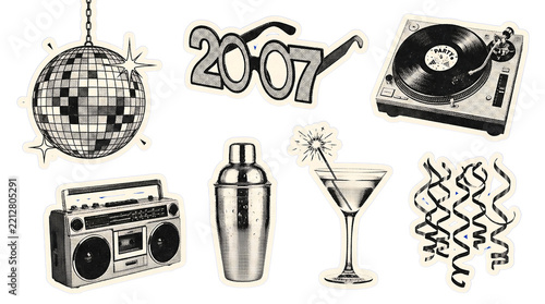 Retro 2000s party elements set with disco ball and music gear