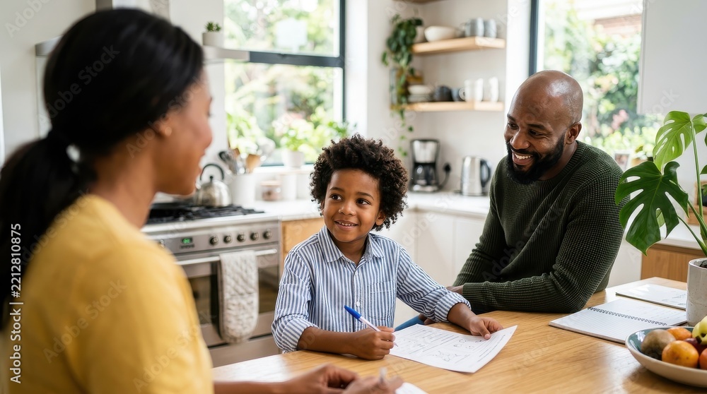 Fototapeta premium Happy African American Family Helping Young Son with Homework in Modern Kitchen Setting