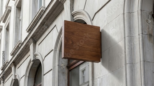 Blank Wooden Signboard Hanging on an Old Building Facade.