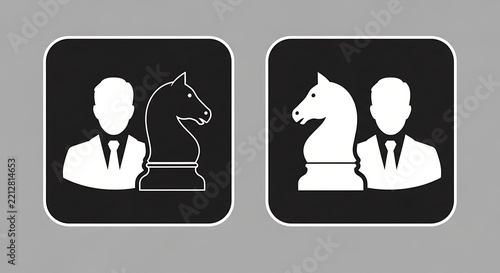 Black and white iconic silhouettes of business people and chess knights
