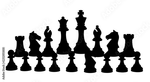 Black chess pieces silhouettes setup on white background