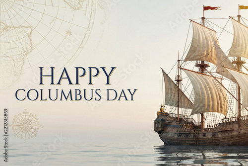 Happy Columbus Day greeting card featuring a vintage sailing ship at