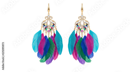 Fotografie Bohemian style feather earrings with rhinestones isolated on transparent backgro