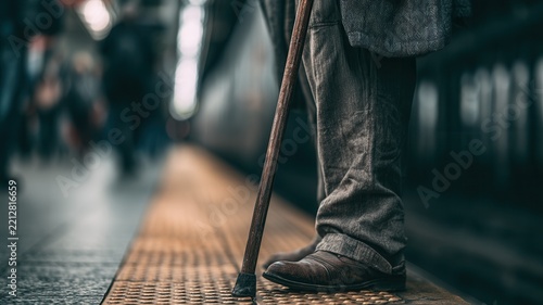 Senior person waiting on subway platform with walking stick reflecting urban and daily commute life