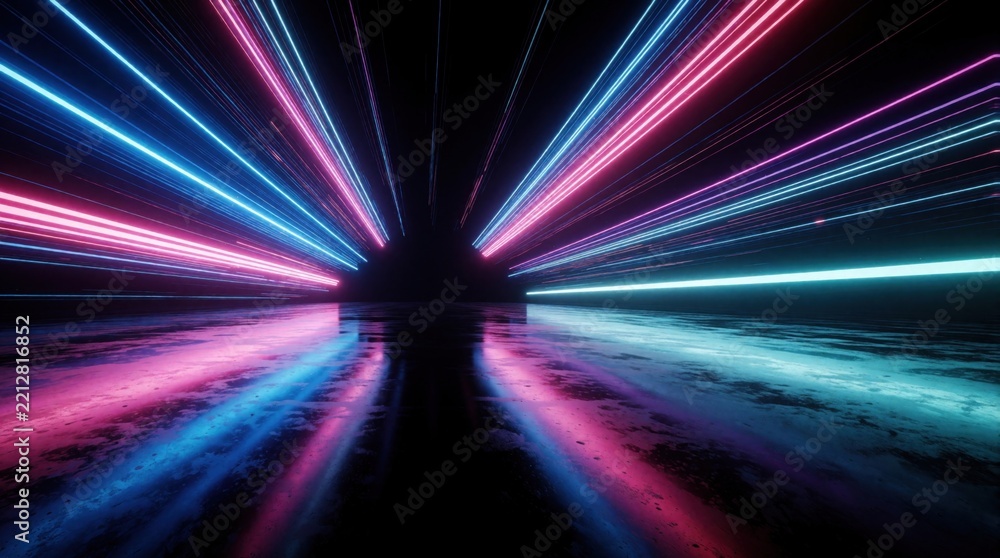 Fototapeta premium Abstract neon light lines glow in dark space. Pink, blue laser beams create motion blur effect. Bright glowing streaks reflect on wet floor surface. Futuristic cyber tunnel background with electric
