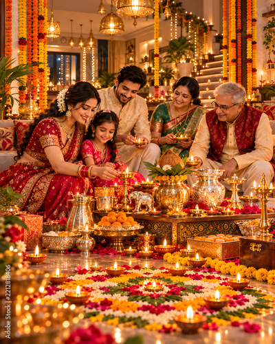 Happy indian family celebrating diwali with oil lamps and traditional decorations at home festival of lights traditional clothing ethnic wear home interior indian culture floral decoration