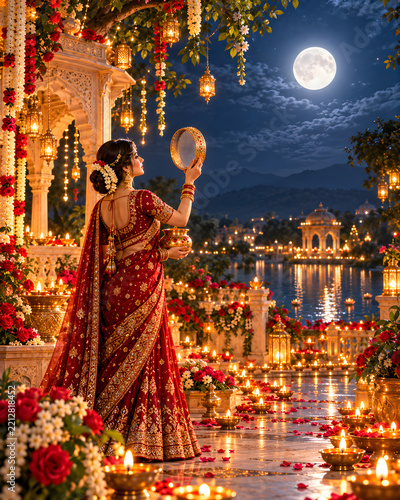 Woman looking at full moon through a sieve during karwa chauth festival celebration with indian woman traditional dress indian culture oil lamps hindu tradition married woman religious festival