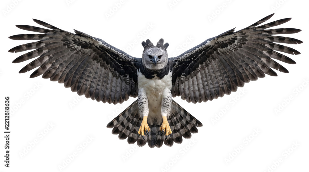 Fototapeta premium Harpy eagle with wings spread wide against black isolated on transparent background