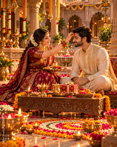 Indian couple in traditional ethnic wear celebrating a festival with flowers and oil lamps traditional clothing husband and wife flower decoration diya lights cultural festival rangoli design