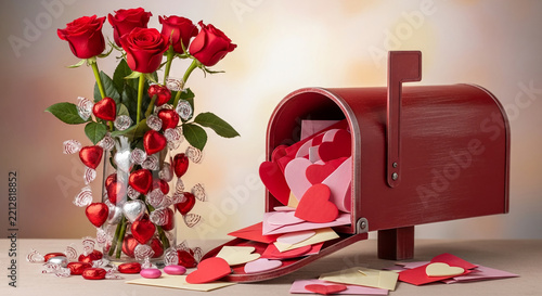 Red roses and heart-shaped decorations spill from a mailbox, symbolizing love and Valentine's Day messages