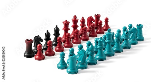Colorful chess pieces in three armies arranged for strategic concept