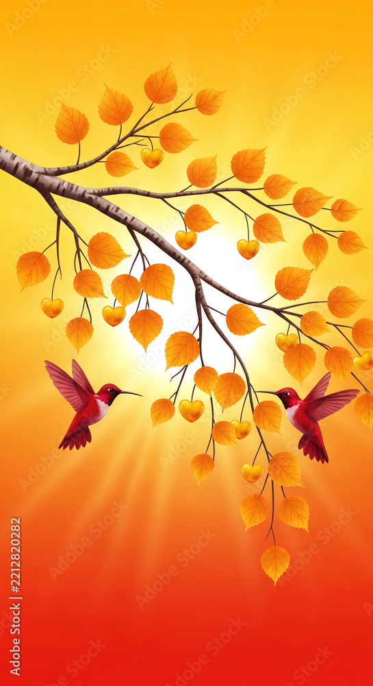 Fototapeta premium Two red hummingbirds fly around a branch with golden heart-shaped leaves, symbolizing love and nature's beauty.