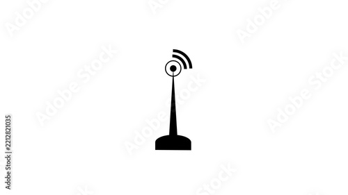 black wireless signal tower icon with expanding radio waves on black background seamless technology animation. Animation of 4k video.