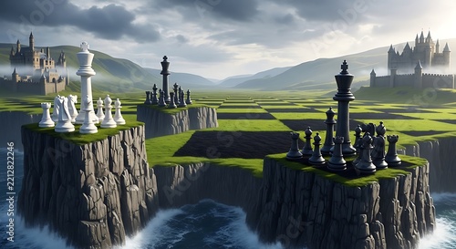 Giant chess pieces on cliff islands with castles and checkerboard landscape