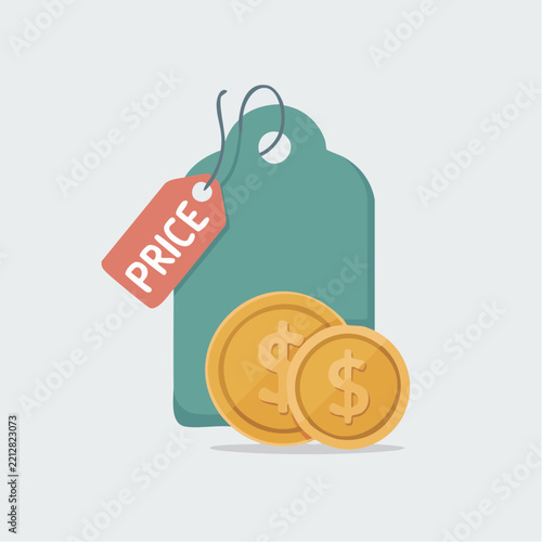 A flat vector illustration depicts two gold coins resting against a teal price tag with a.