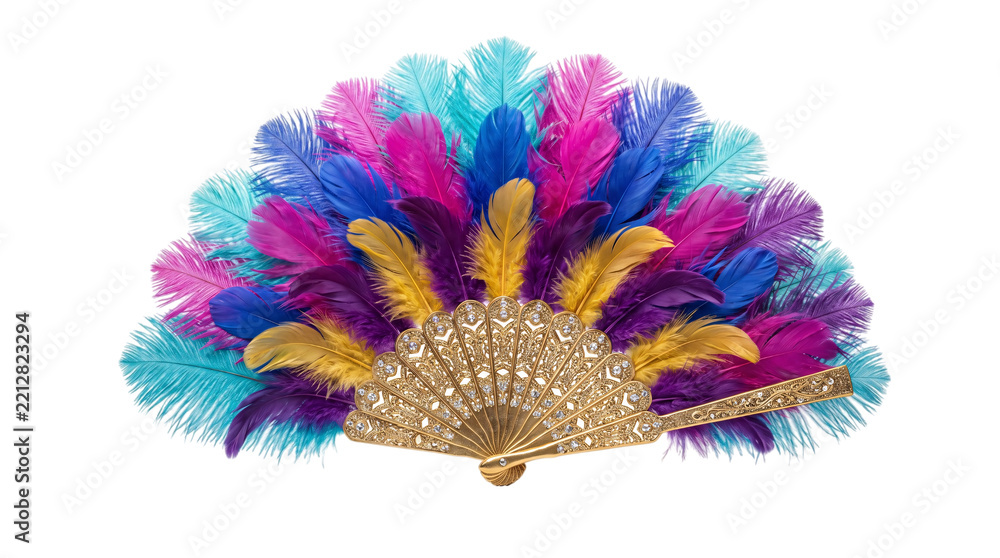 Fototapeta premium Vibrant feather fan with sequins and gold handle isolated on transparent background