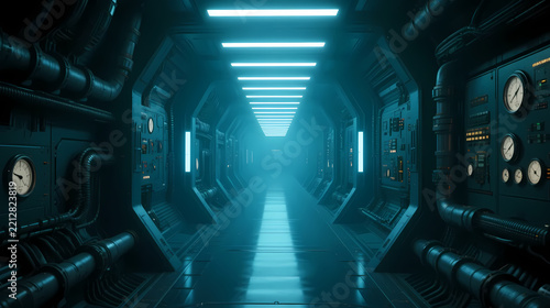 Futuristic metal corridor with blue lighting