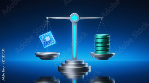 Metal balance scale with blue chip and green coins