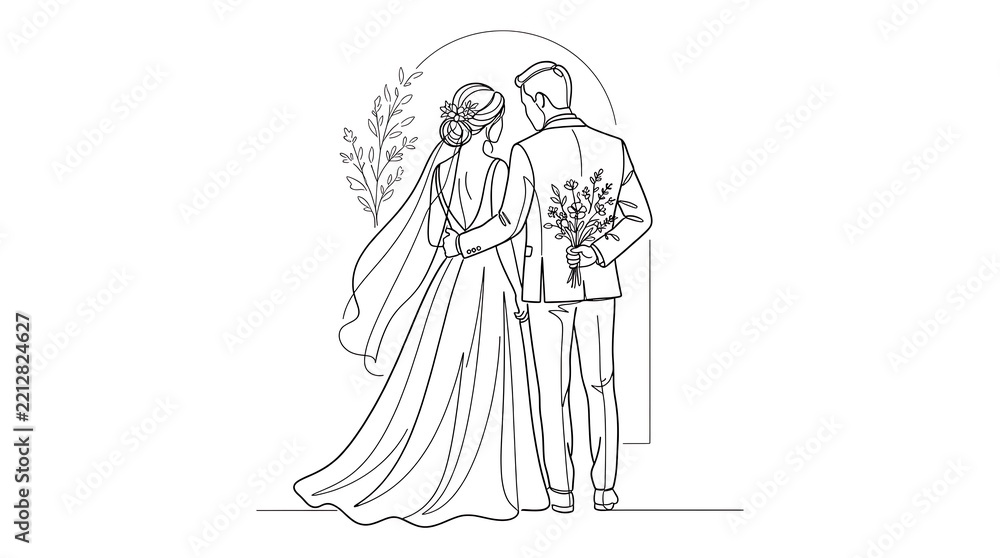 Obraz premium Wedding couple line art vector illustration of bride and groom standing together with floral bouquet