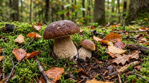 Fresh porcini mushrooms growing naturally among green moss, fallen autumn leaves and forest soil, soft diffused woodland light, highly detailed realistic nature photography, rich organic textures, com