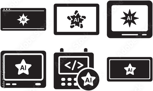 Set of artificial intelligence interface icons in dark outline style