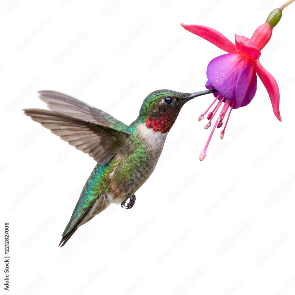 Fototapeta premium A vibrant hummingbird hovering in midair and feeding on a bright pink and purple fuchsia blossom isolated on transparent background
