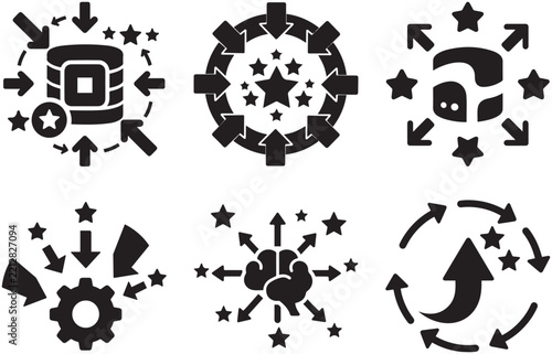 Set Of Dark Abstract Arrow And Star Infographic Symbols On Black Background