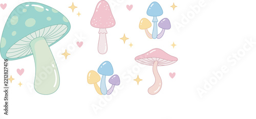 Cute magic mushroom and sparkle stars pastel flat vector icons set isolated on white background