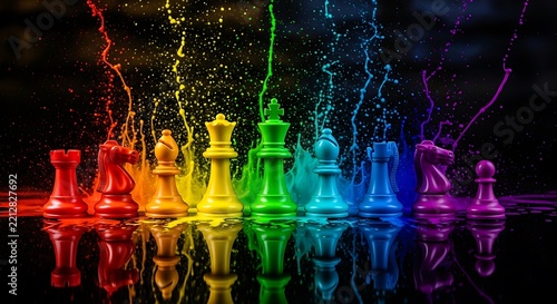 Rainbow colored chess pieces with vibrant paint splashes on a dark background