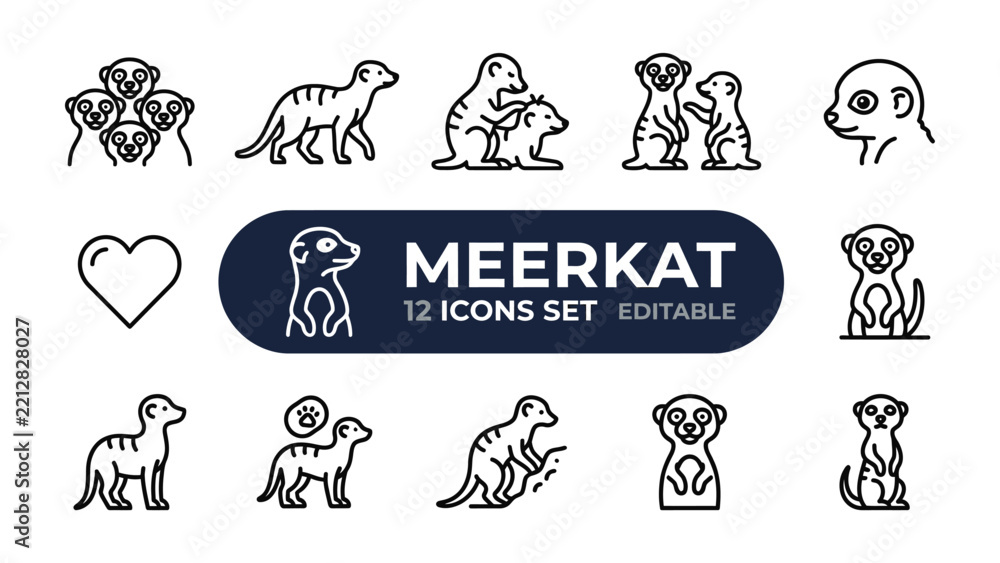 Obraz premium Meerkat Icon Set: A collection of twelve distinct line art icons featuring meerkats in various poses, along with a heart symbol and editable text.