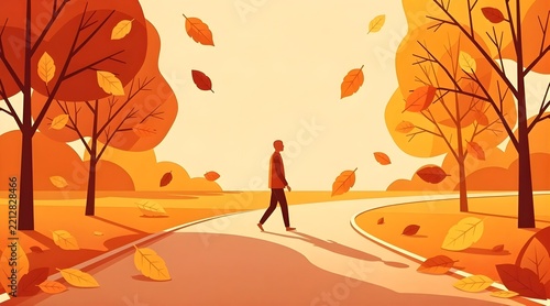 Minimalist vector illustration of a person walking on a forest path during fall season with falling golden leaves and trees.