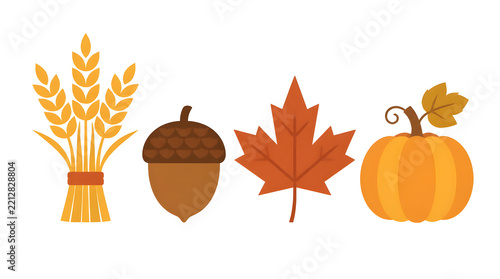 Autumn harvest flat vector illustration of wheat acorn maple leaf pumpkin outdoor scene natural beauty