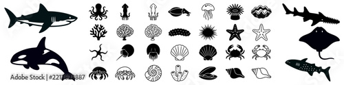 Collection of black silhouette icons featuring various marine animals and sea creatures on a white background