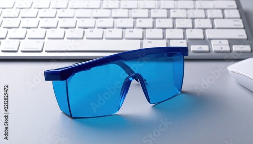 Blue light glasses near keyboard.
