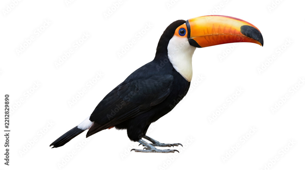 Fototapeta premium Toucan bird with large orange beak on white isolated on transparent background