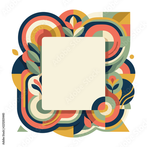 Geometric frame template with retro abstract shapes and colorful floral leaf botanical patterns