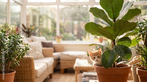 Kitten behind a potted plant