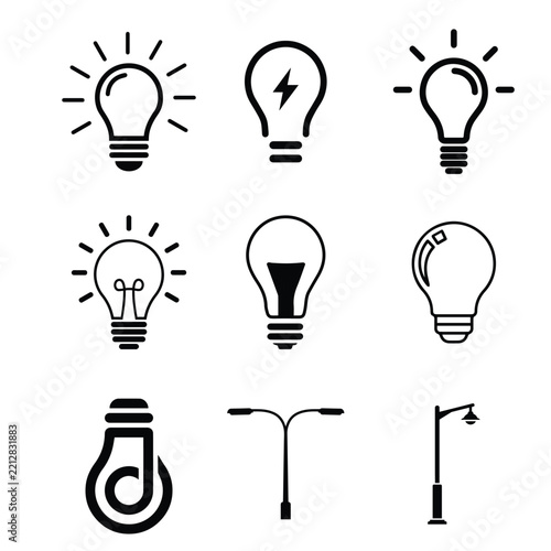 Light Bulb and Street Light Icons Collection – Electricity, Energy and Idea Vector Set