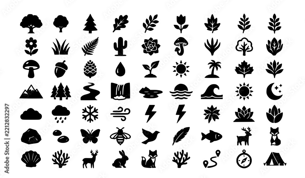 Fototapeta premium Minimal Black White Nature Elements Plants Wildlife and Landscape Icons