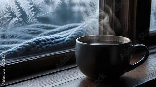 Steaming cup of coffee being consumed on wooden windowsill frosty window snowflakes visible outside