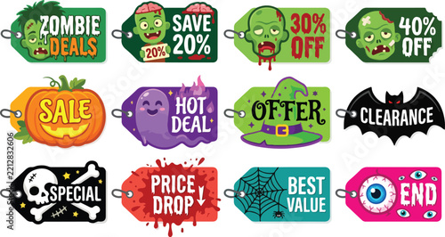 Set of Halloween sale price tags and discount labels featuring zombie graphics, pumpkins, ghosts, witches, and spooky icons.