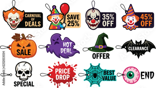 Set of Halloween sale price tags and discount labels featuring creepy clowns, pumpkins, ghosts, witches, and spooky characters.