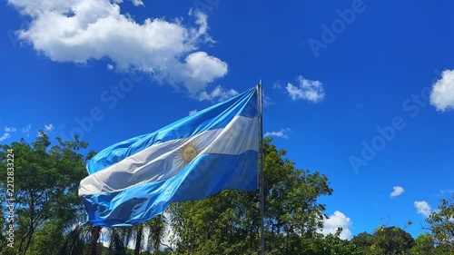Argentine flag waving in the wind against a blue sky with white clouds in Iguazu, Argentina