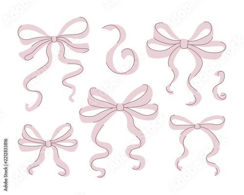 Set of pink ribbon bows in various shapes. Hand drawn flat illustration.