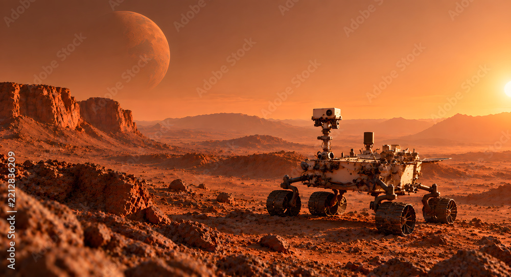 Fototapeta premium Mars robotic exploration rover on red rocky martian surface, dramatic sunset light over canyon landscape with distant planet in sky 