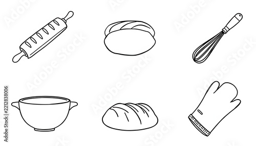 Set of kitchen baking tools and loaves of bread line art illustrations.